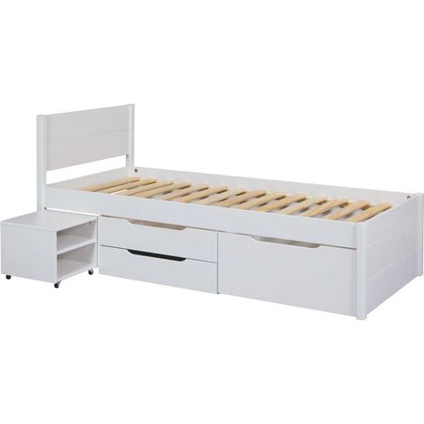 Lit 90x200cm multi-rangement en pin massif vernis blanc - EFECT (1/5)