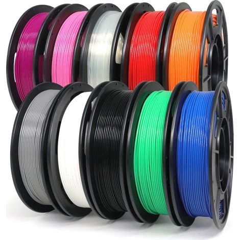 Filament d'imprimante 3D Multicolore Paquet, PLA+ Filament 1.75mm, 2.5kg, 10 Packs Bobines de 250g,Noir+Blanc+Gris+Rouge+Vert+Bleu+Rose+Violet+Orange+Transparent