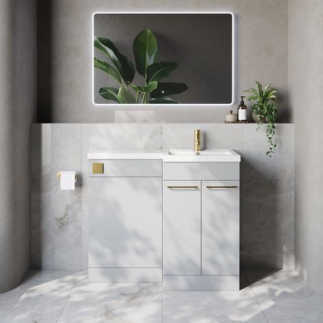 Napoli 390 Gloss Grey Pearl 1000mm 2 Door Vanity Unit Toilet Suite with Right Hand Square Lucia Basin - 1000mm - Brushed Brass 160mm HandleWithout Kingston Toilet Pan