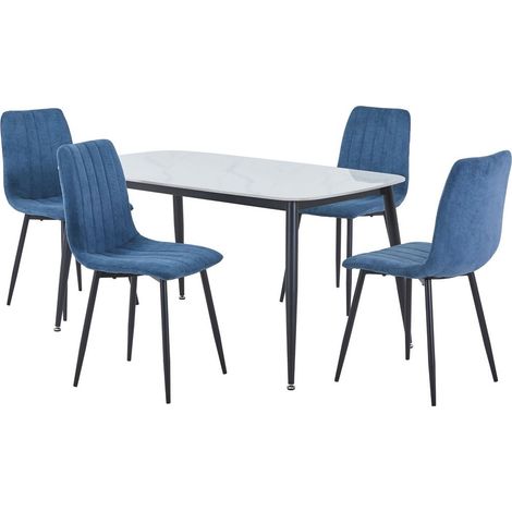 Aspen Gloss White Sintered Stone Rectangular Table & 4 Blue Cord Fabric Chair Set - Metal - L54 x W44 x H88 cm