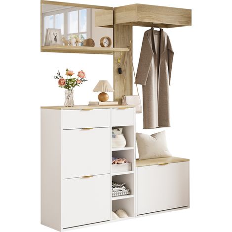 Ensemble vestiaire d’entrée 4 pièces: avec meuble à chaussures, banc, miroir mural et panneau de vestiaire – ensemble mural complet avec rangement, mobilier de couloir élégant pour l’entrée, dimension
