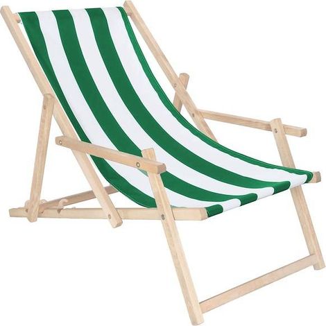 Chaise longue en bois avec accoudoirs, rayée vert et blanc pour le jardin ou la plage.