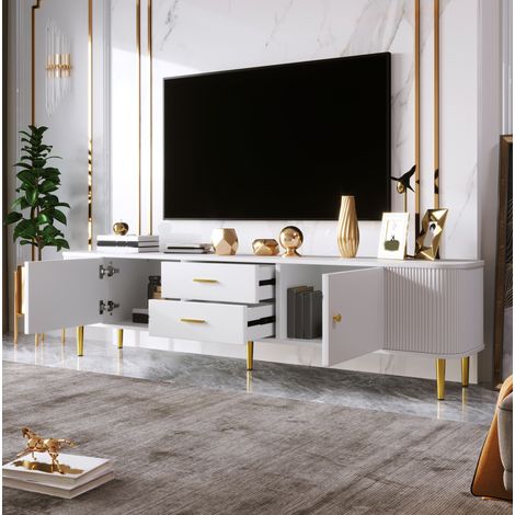 Meuble TV 170x34x45 cm blanc en MDF avec tiroirs, portes et finitions dorées (1/5)