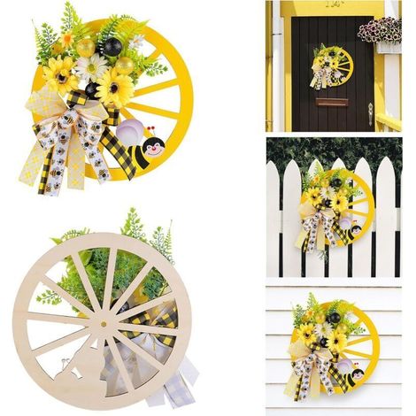 Couronne de tournesols printanière – avec nœud et roue, pour porte/jardin/mariage (1/3)