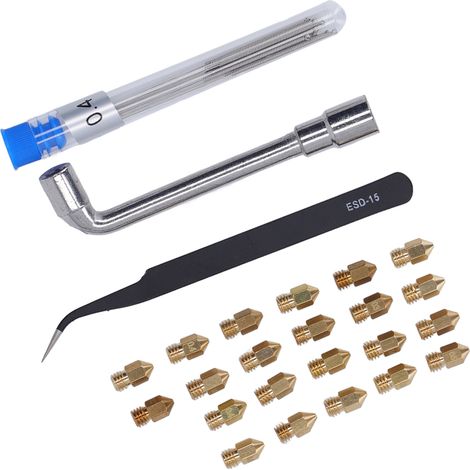 Kit buses 3D imprimante laiton MK8 0.2 0.3 0.4 0.5 0.6 0.8 1.0mm avec pinces clef aiguilles 34 pcs Creality Ender (1/5)