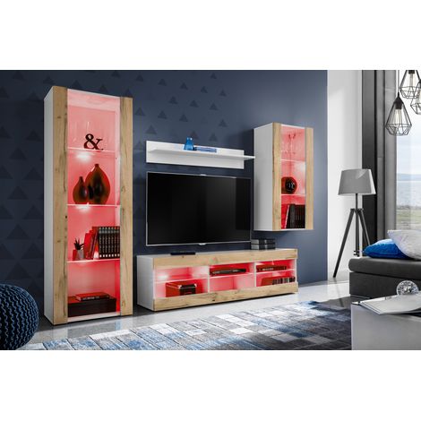 Komodee Ensemble de Meubles Tivoli Medio, Blanc/Wotan, Largeur 245cm x Hauteur 159cm x Profondeur 35cm, LED RGB, 3 étagères, pour Salon, Chambre, Entrée