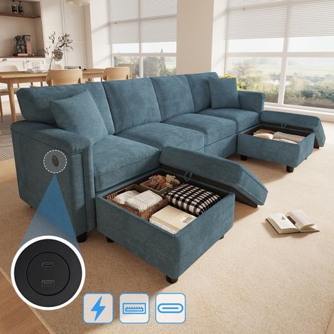 Canapé d'angle en U/L 6 places avec rangement,canapé modulable avec 2 poufs et ports USB/Type-C,canapé convertible en chenille,assise profonde,Bleu (1/5)