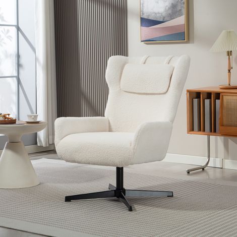 Poltrona d'accento, poltrona imbottita con rivestimento in pile, base girevole, struttura in metallo, bianco crema