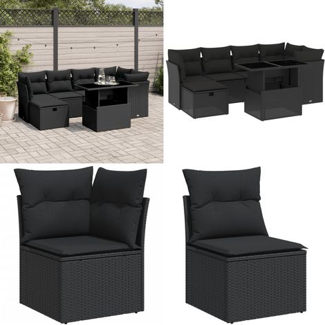 Salon de jardin 7 pcs avec coussins noir résine tressée - Ensemble Salon De Jardin - Mobilier De Jardin - Salon Extérieur - Table De Jardin - Chaises De Jardin - Home & Living (1/5)