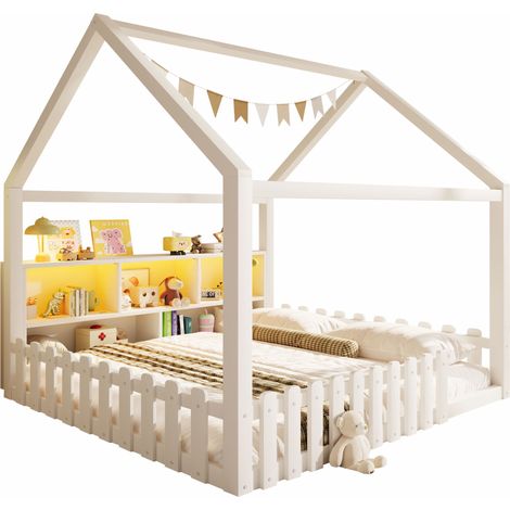 Lit Maison 140x190cm - En Bois avec LED & Rangements - Pour Enfant, Chambre - Blanc (1/5)