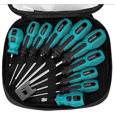 Lot de 10 tournevis magnétiques, 5 tailles, acier chrome-vanadium robuste, 5 plats et 5 cruciformes, poignée antidérapante pour réparation, bricolage, artisanat - avec sac de rangement (1/5)