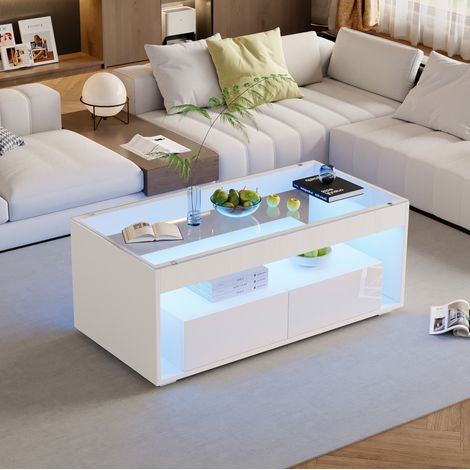 Table basse LED 100 x 50 x 40 cm avec 2 tiroirs, plateau en verre trempé, blanc HAVRYA (1/5)