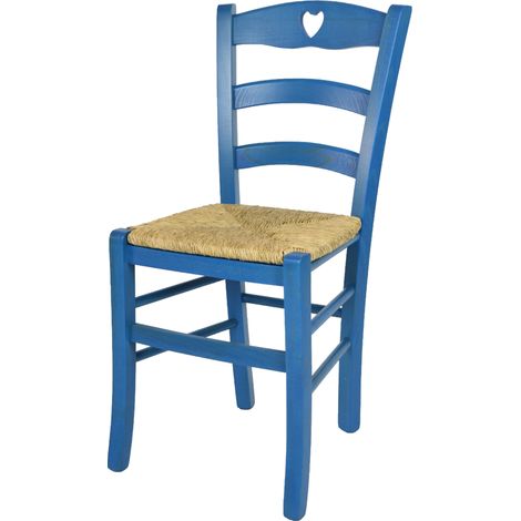 Tommychairs - Chaise CUORE pour cuisine, bar et salle à manger, robuste structure en bois de hêtre peindré en couleur aniline bleue et assise en paille (1/5)