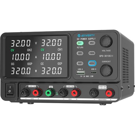 Alimentation DC Variable, Double Sortie 0-32V 0-10A à Découpage pour Établi avec Combinaison Série (62V 10A)/Parallèle (32V 20A), Charge Rapide 20W USB A (1/5)