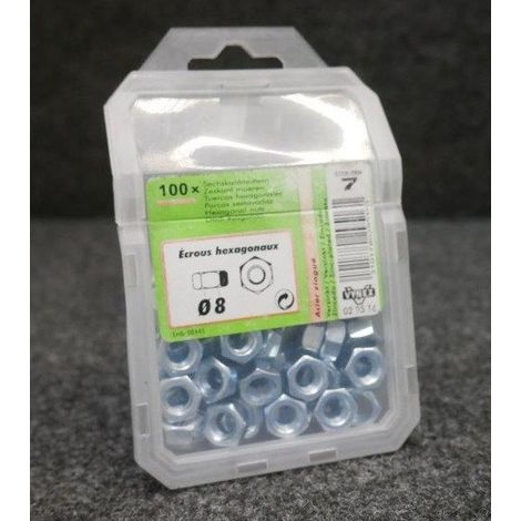 Boîte de 100 écrous hexagonaux Ø 8mm acier zingué VYBAC