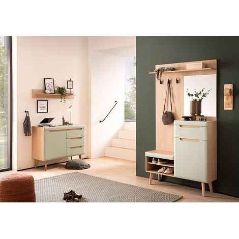 Garderoben-Set mit Garderobenschrank & Sideboard in Grün Matt mit Eiche im Skandinavischem-Stil, 3-teilig - STOCKTON-61 (1/5)