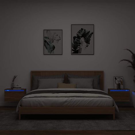 Mesitas de noche de pared con luces LED 2 unidades roble marrón (1/5)