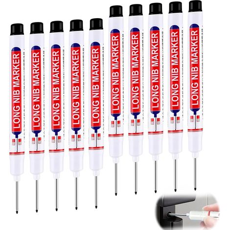 10 Pièces Marqueurs Trou Profond, Multi-usages Crayon Charpentier Marqueur Indélébile à Pointe Fine de 20 mm outil de marquage à séchage rapide et étanches pour Bois Mur Métal Verre Plastique(Noir) (1/5)