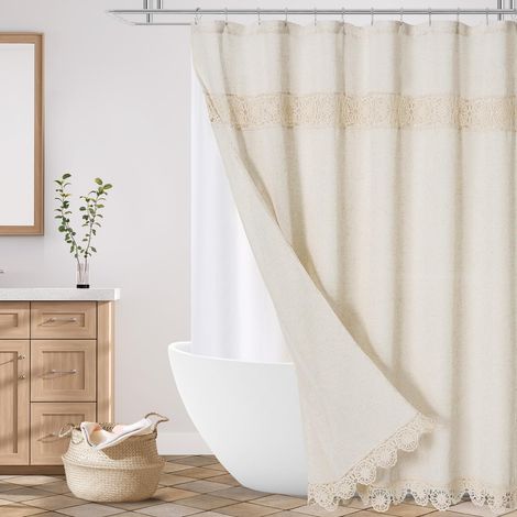 Ensemble de Rideau de Douche en Lin et Coton avec décoration en Dentelle macramé, Rideau de Salle de Bain bohème avec Doublure en PEVA 183 x 183 cm (1/5)