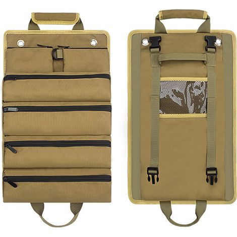 Sac à outils enroulable, 6 poches indépendantes, pochette de rangement en tissu Oxford épais pour électricien charpentier kaki. (1/5)