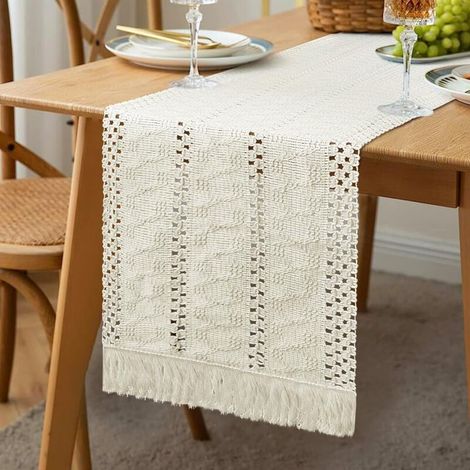 Chemin de Table Beige Bohème, 30x180 CM Chemin de Table Tissu avec Pompons Tissé à la Main Lavable Chemin de Table en Coton pour Anniversaire Mariage Cuisine Salle à Manger Décoration (1/4)