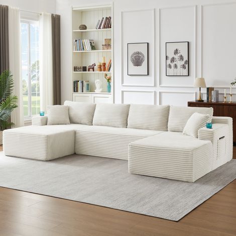 Canapé d'angle modulable en velours côtelé, 3 éléments, design minimaliste, assise profonde 51/122 cm, sans montage, beige (1/5)