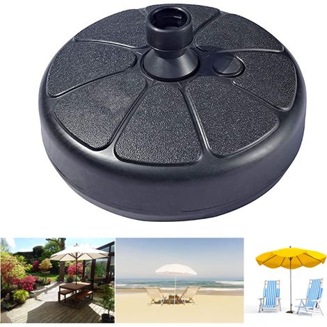 Pied de parasol rond noir, durable et remplissable, conçu pour être utilisé avec une table de patio. (1/2)