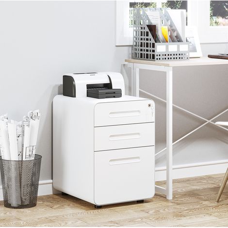 Caisson à roulettes, classeur de bureau en acier, 3 tiroirs, blanc, 39 x 48 x 59 cm, avec serrure (1/5)