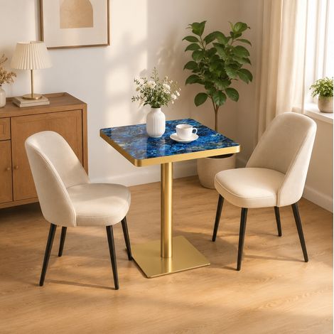 Quadratischer Esstisch 60 x 60 cm aus MDF in blauem Marmor-Look mit Metallgestell HAVRYA (1/5)