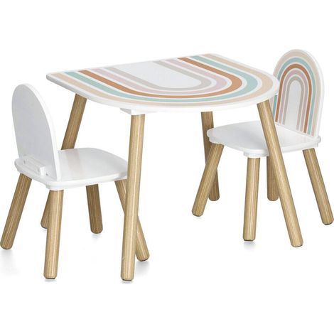 Kinderzimmermöbel RAINBOW aus MDF und Kiefer, Tisch + 2 Stühle