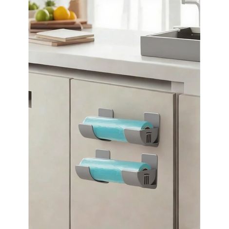 Lot de 4 étagères de rangement de cuisine sans perçage et distributeur de sacs poubelles, organiseur mural pour emballages d'aluminium, sacs, solution de rangement à la maison peu encombrante (1/3)