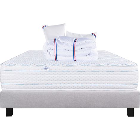 Ensemble literie mousse mémoire de forme 24 cm + sommier gris + oreillers + couette Gris 90x190 cm