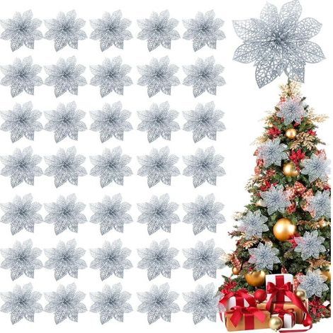 Set mit 36 glitzernden, weihnachtssternförmigen Christbaumkugeln, 4", künstliche Seidenblumen für Weihnachtskränze, Festtagsdekoration (Königssilber) (1/5)