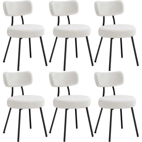 Sedie da pranzo set da 6 tessuto felpato schienale curvo sedie da cucina imbottite struttura moderna in acciaio soggiorno/spogliatoio bianco 120004989