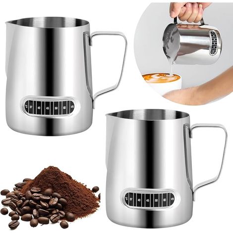 Lot de 2 pichets à mousse de lait en acier inoxydable avec thermomètre intégré – Mousseur à lait à café avec contrôle de la température pour une mousse parfaite, accessoires de café (argenté) (1/5)