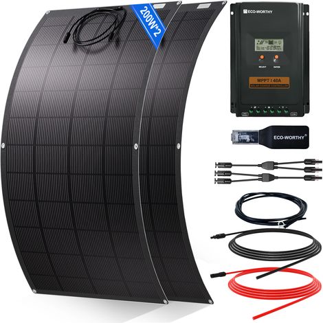 ECO-WORTHY Kit Panneau Solaire Souple 400W hors réseau : 2 Panneau Solaire Souple 200 W, Régulateur de Charge MPPT 40 A avec Câble Solaire pour Caravane, Camping-car, Bateau, Cabine, Remorque (1/5)