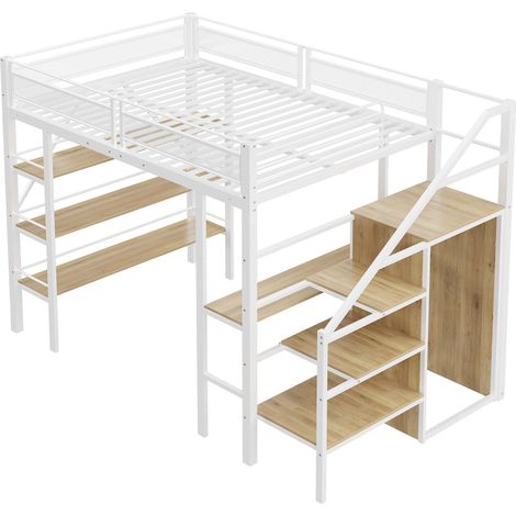 140 x 200 cm Hochbett aus Metall, weiß, mit Schreibtisch, Schrank, Regalen und Stauraumtreppe (1/5)