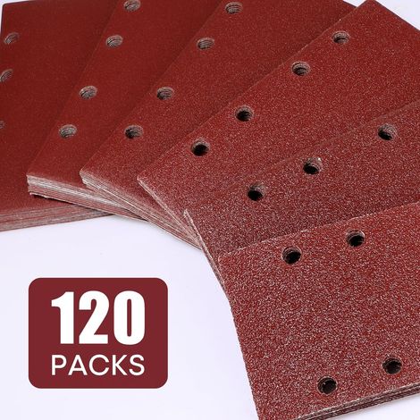 120pcs feuilles abrasives rectangulaires, papier de verre pour ponceuse 93x185mm 8 trous tampons de ponçage à crochet et boucle, grains assortis (1/5)