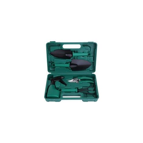 Kit d’outils de jardinage 5 pièces avec sécateur, pelle, râteau et pulvérisateur, poignées ergonomiques antirouille – Boîte de rangement incluse– (1/5)