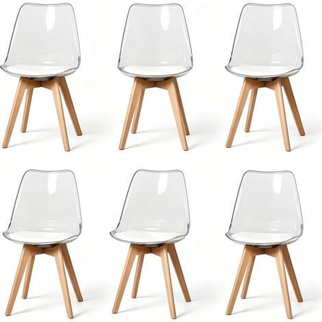 Set di 6 sedie da pranzo 42x42x83 cm in plastica, cuscino bianco, piedi in legno - CHICFURN (1/5)