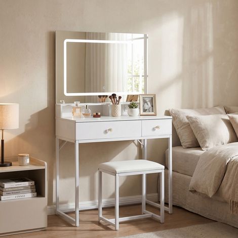 Coiffeuse Moderne Blanche avec Miroir LED 3 Éclairages, Tabouret Rembourré, 2 Tiroirs, 80 x 40 x 140 cm (1/5)
