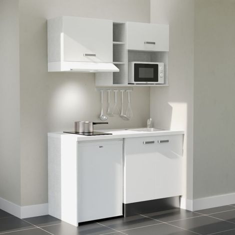 Kitchenette K13L-PT - 140 cm avec plan de travail et évier - Façade Blanc - Plan Blanc - Crédences Non