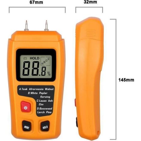 Testeur D'Humidité - Bois Papier Chauffage - Écran LCD 0-99,9 % - 2 Broches - Mode 4 Fonctions - Orange - 1 Pièce (1/4)
