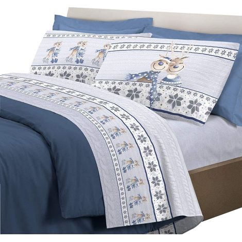 Completo letto lenzuola con stampa fotografica  motivo Renna 100% cotone made in italy Blu - 1 Piazza e mezza