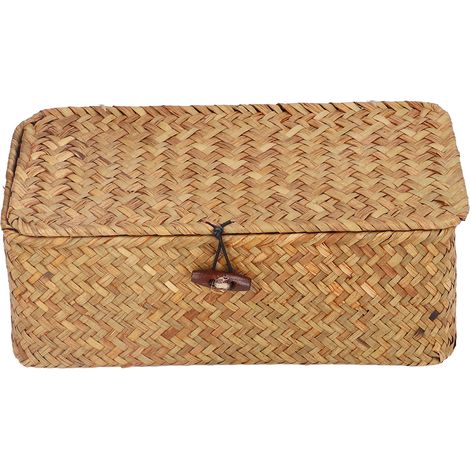 Panier de Rangement en Fibre Naturelle Tressé avec Couvercle - Organisateur de Bureau Rectangulaire (1/5)