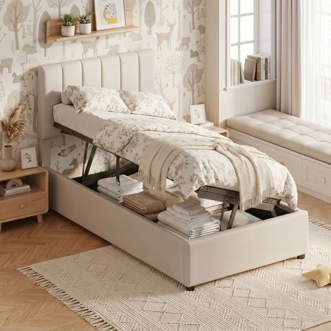 Lit simple 90x200 cm - rangement hydraulique, tête de lit réglable，capitonnée à rayures - métal，sommier à lattes - style moderne enfant，ado - beige