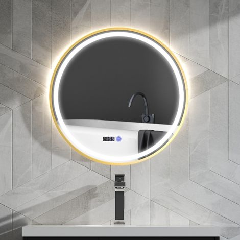 Miroir LED Rond 60cm Antibuée Tactile avec Horloge et Température Réglable