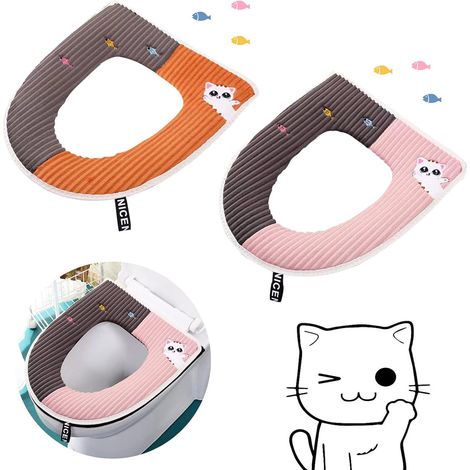 Lot de 2 Housses de Lunette WC Cartoon, Coussin Doux avec Poignée, Tapis de Toilette Lavable à Fermeture Éclair pour Hiver, Siège Ovale (1/5)