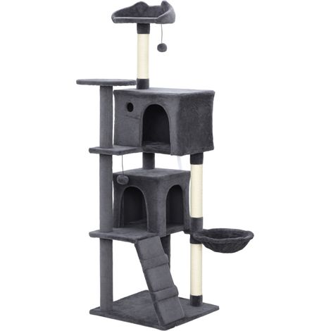 160cm Large Cat Tree Tower with Sisal Scratching Posts, Condos, Plush Perches, Hammock, Ladder, Dark Grey