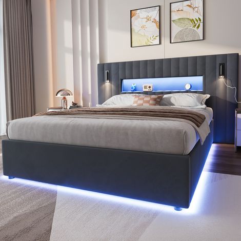 Cama con canapé 140 x 200 cm,Cama para adultos con Lámpara de lectura y Puerto USB,Somier de láminas incluido - Gris (1/5)